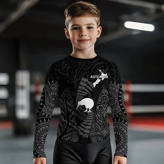 Aotearoa Kiwi Bird Grey Kids Rash Guard - BattleFitGear