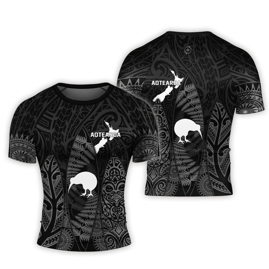 Aotearoa Kiwi Bird Grey Men's Short Sleeve Rash Guard - BattleFitGear