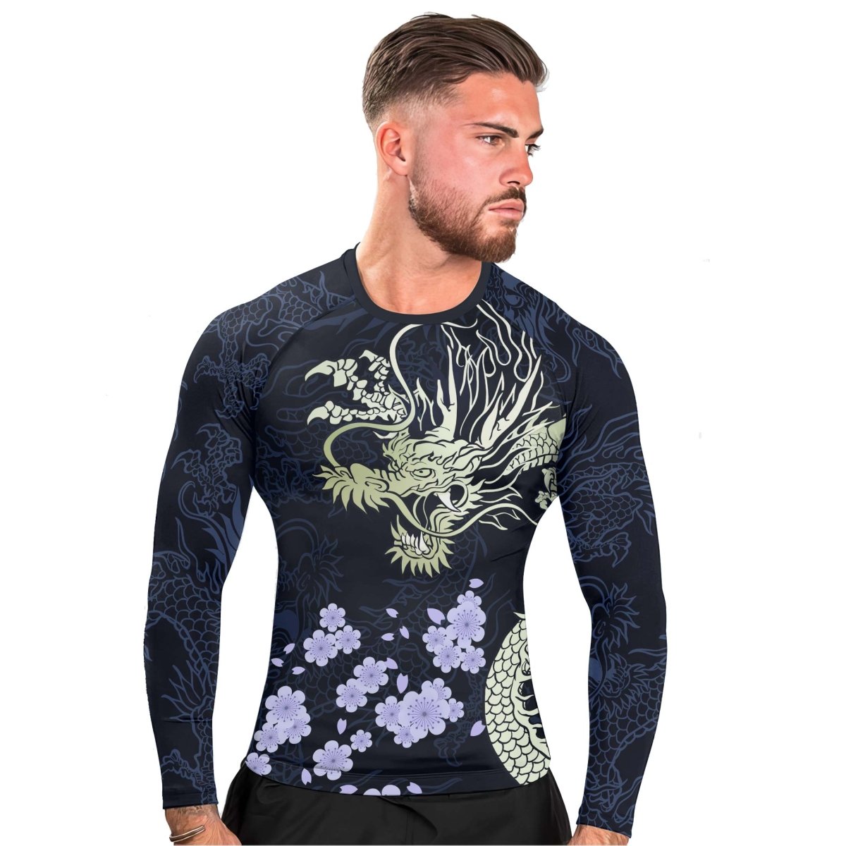 Cherry Blossom Dragon Men's Long Sleeve Rash Guard - BattleFitGear