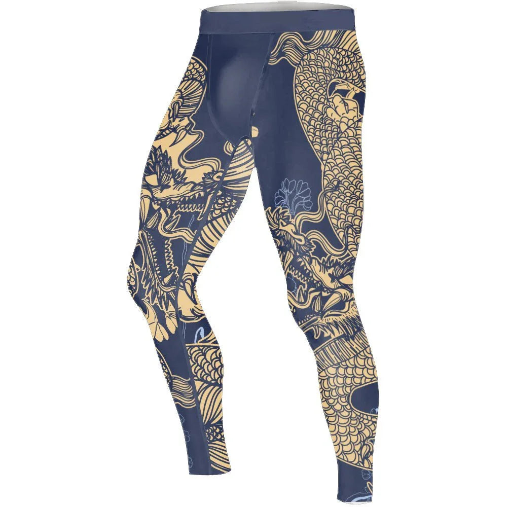 Flower Chinese Dragon Men's Compression Leggings | Gym Pants