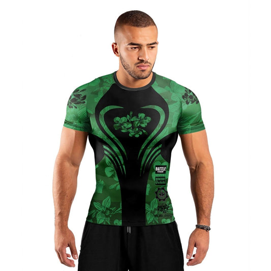 Orchid Series Floral Green Heart Pattern Men's Short Sleeve Rash Guard - BattleFitGear