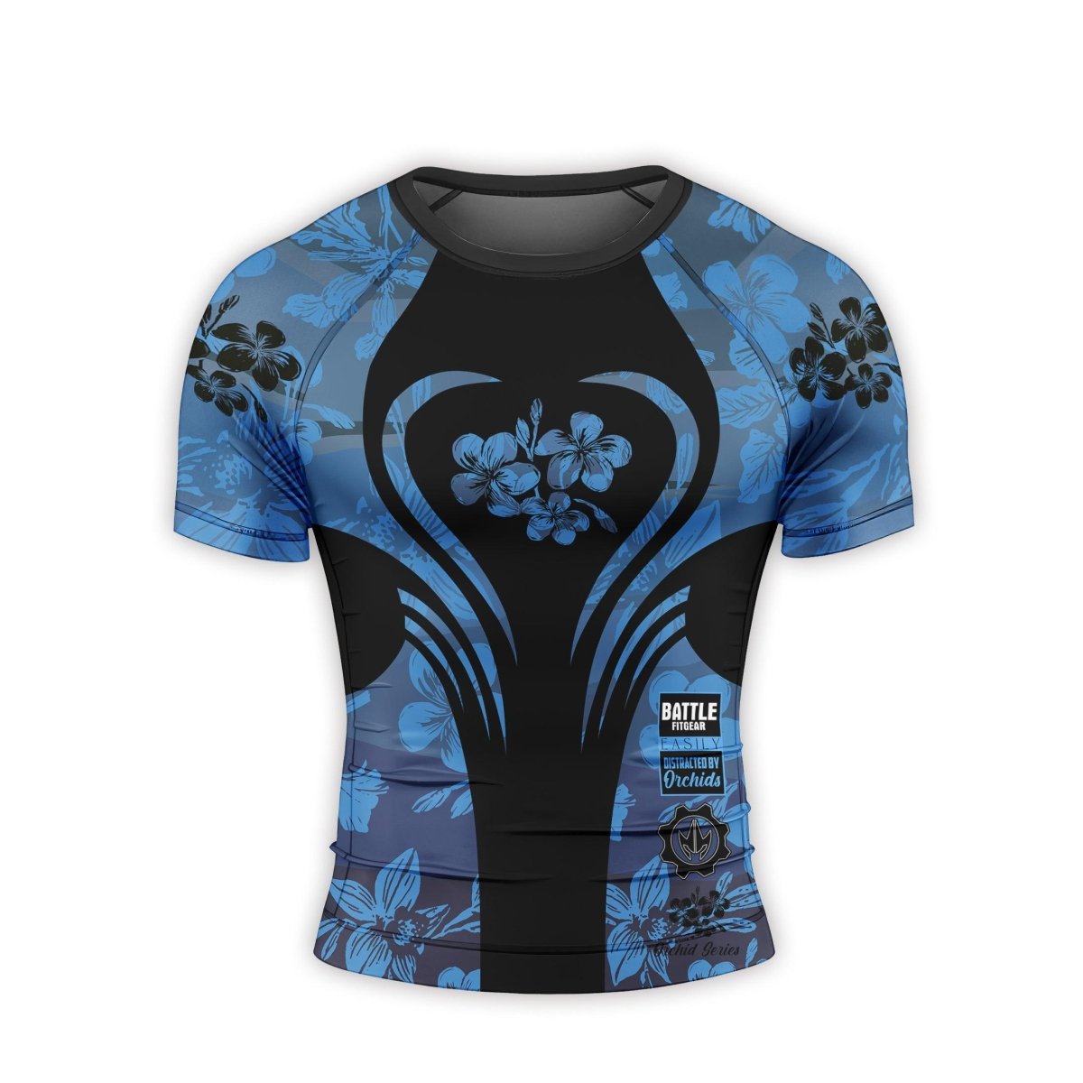Orchid Series Floral Blue Heart Pattern Men's Short Sleeve Rash Guard - BattleFitGear