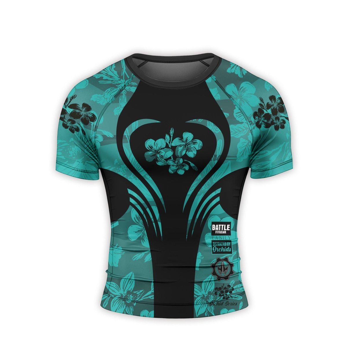 Orchid Series Floral Teal Heart Pattern Men's Short Sleeve Rash Guard - BattleFitGear