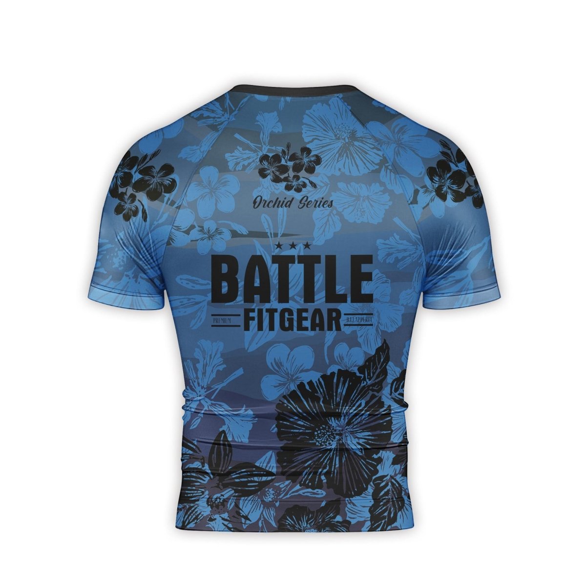 Orchid Series Floral Blue Heart Pattern Men's Short Sleeve Rash Guard - BattleFitGear