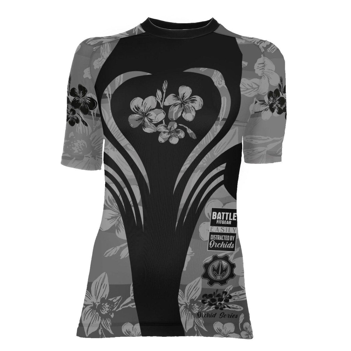 Orchid Series Floral Grey Heart Pattern Women's Short Sleeve Rash Guard - BattleFitGear