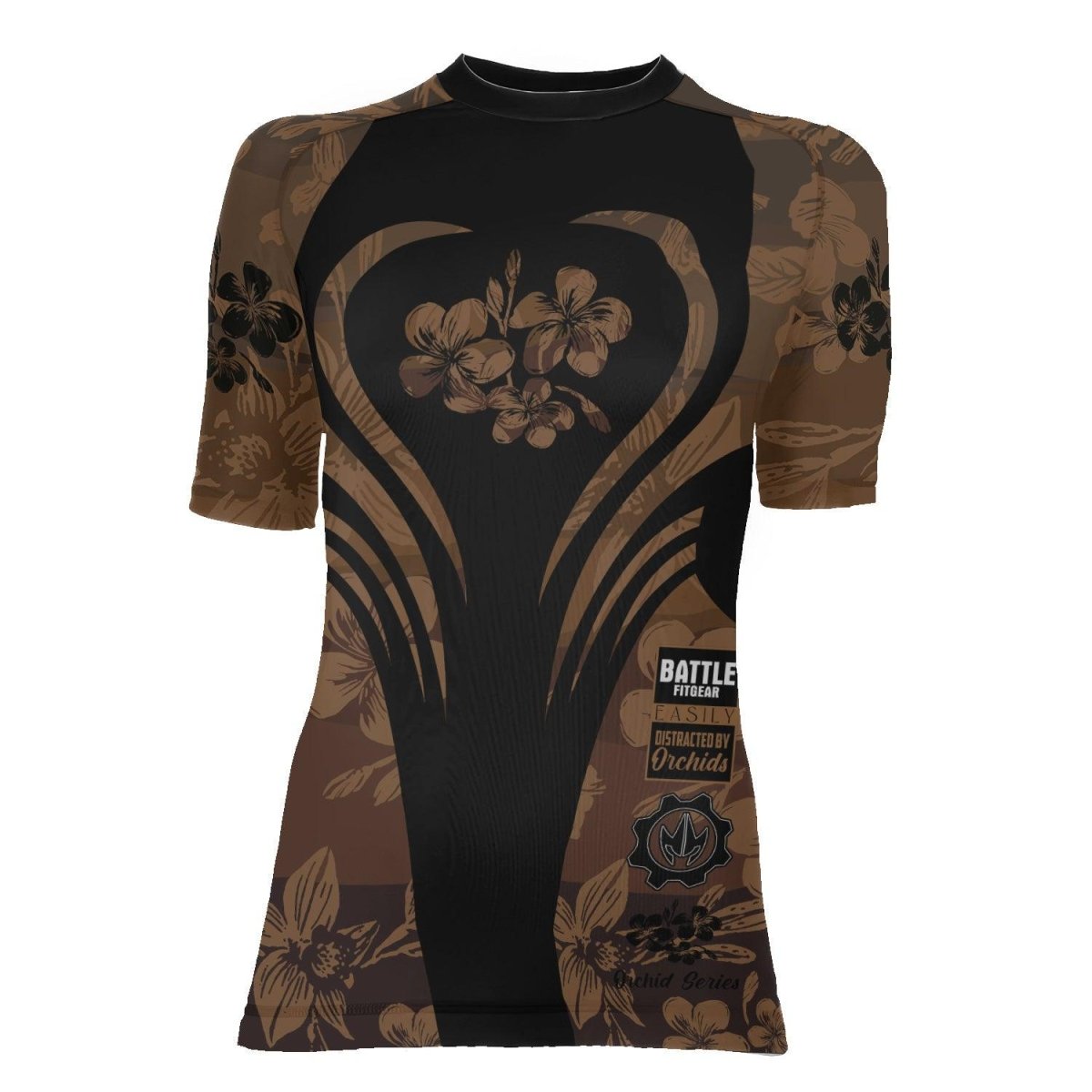 Orchid Series Floral Brown Heart Pattern Women's Short Sleeve Rash Guard - BattleFitGear