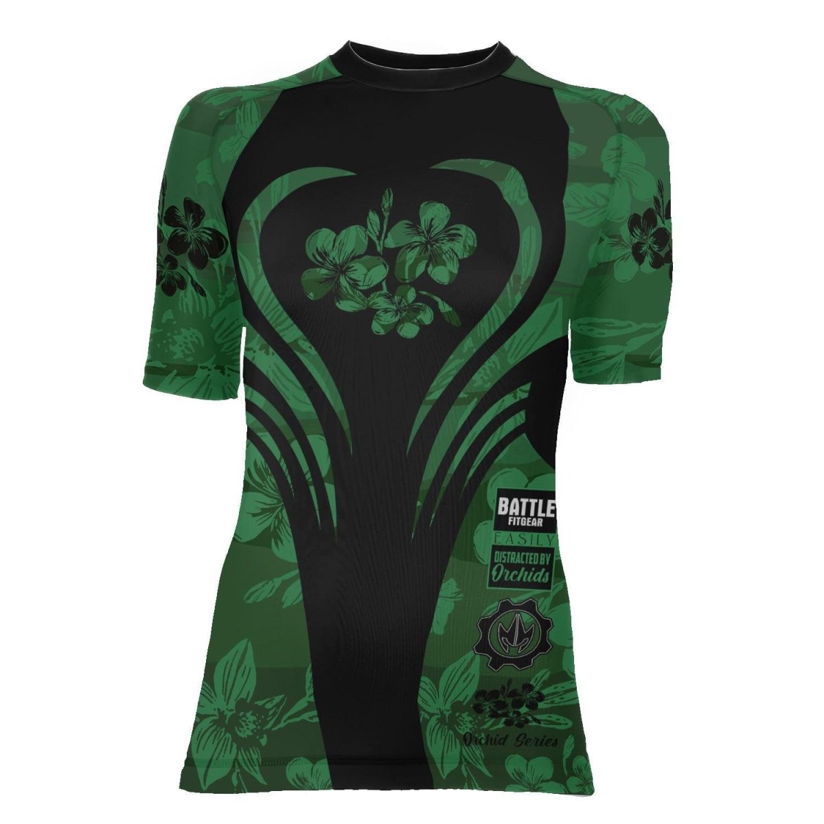 Orchid Series Floral Green Heart Pattern Women's Short Sleeve Rash Guard - BattleFitGear