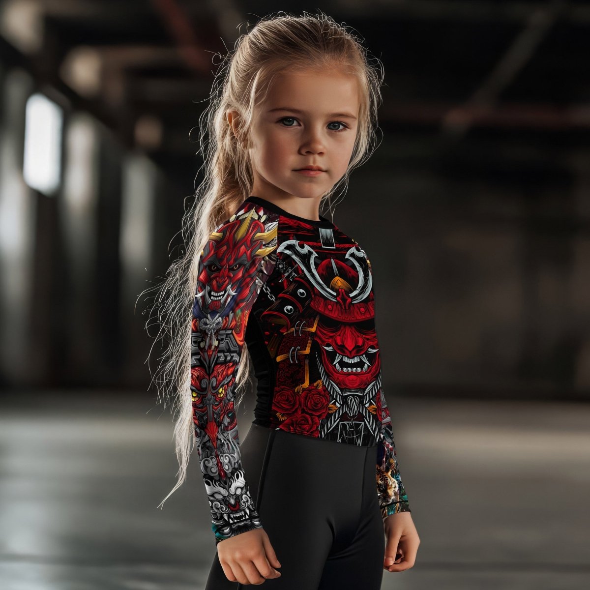 Japanese Red Demon Samurai Kids Rash Guard - BattleFitGear