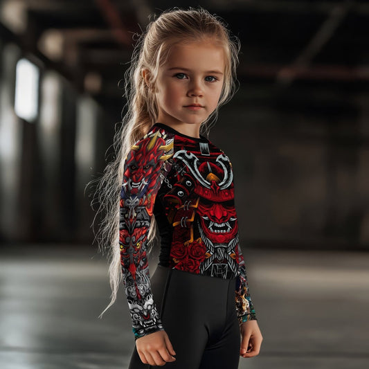Japanese Red Demon Samurai Kids Rash Guard - BattleFitGear
