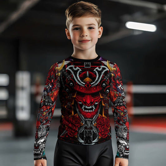 Japanese Red Demon Samurai Kids Rash Guard - BattleFitGear