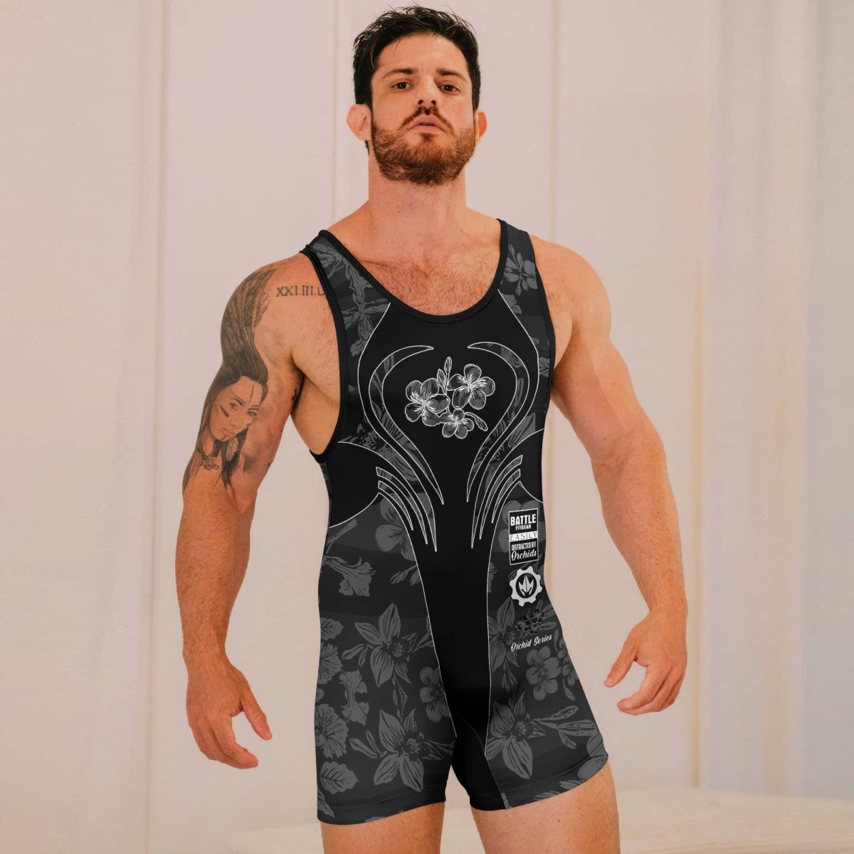 Orchid Series Floral Black Heart Pattern Wrestling Singlets - BattleFitGear