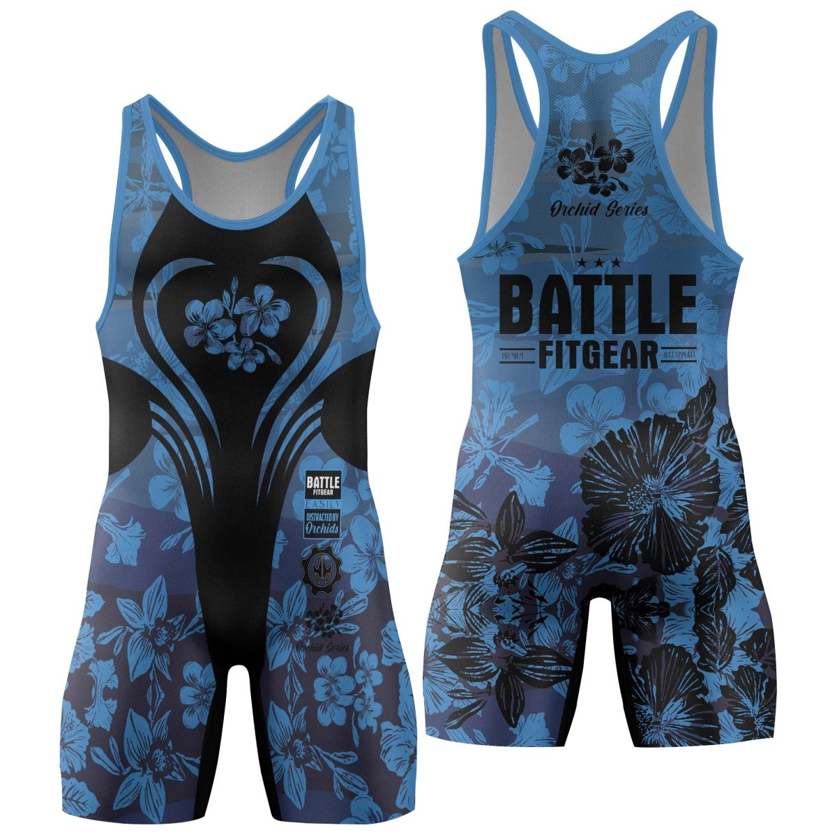 Orchid Series Floral Blue Heart Pattern Wrestling Singlets - BattleFitGear
