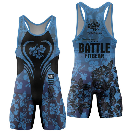 Orchid Series Floral Blue Heart Pattern Wrestling Singlets - BattleFitGear
