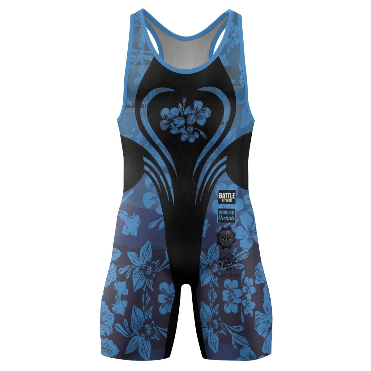 Orchid Series Floral Blue Heart Pattern Wrestling Singlets - BattleFitGear