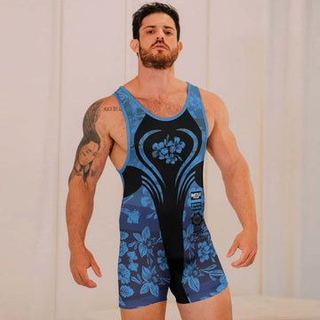 Orchid Series Floral Blue Heart Pattern Wrestling Singlets - BattleFitGear
