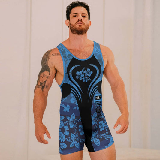 Orchid Series Floral Blue Heart Pattern Wrestling Singlets - BattleFitGear