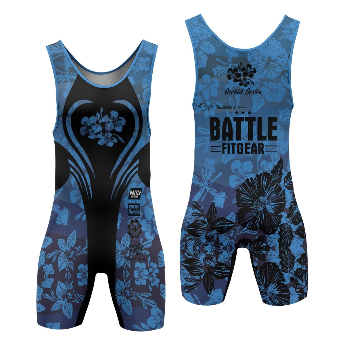 Orchid Series Floral Blue Heart Pattern Wrestling Singlets - BattleFitGear