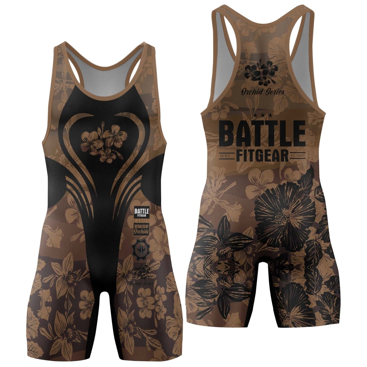 Orchid Series Floral Brown Heart Pattern Wrestling Singlets - BattleFitGear