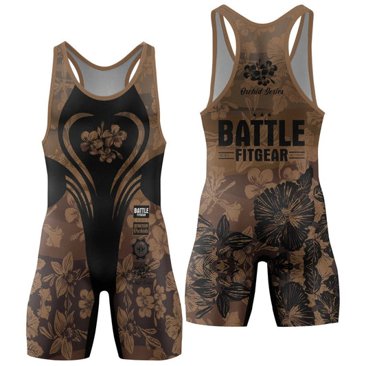 Orchid Series Floral Brown Heart Pattern Wrestling Singlets - BattleFitGear