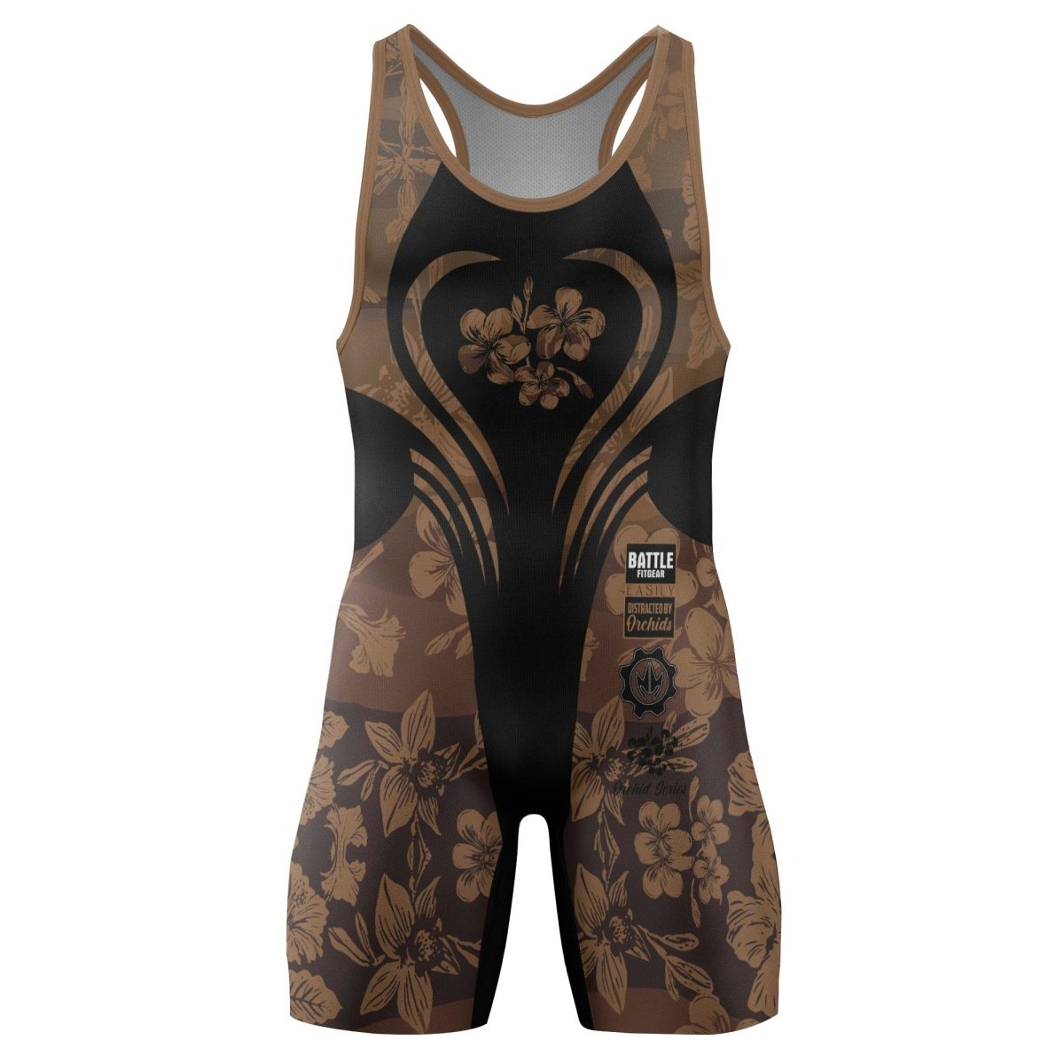 Orchid Series Floral Brown Heart Pattern Wrestling Singlets - BattleFitGear