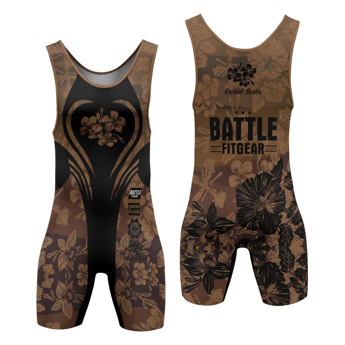 Orchid Series Floral Brown Heart Pattern Wrestling Singlets - BattleFitGear
