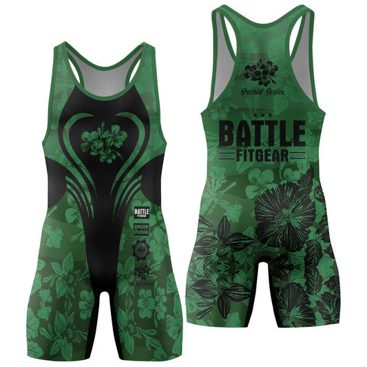Orchid Series Floral Green Heart Pattern Wrestling Singlets - BattleFitGear