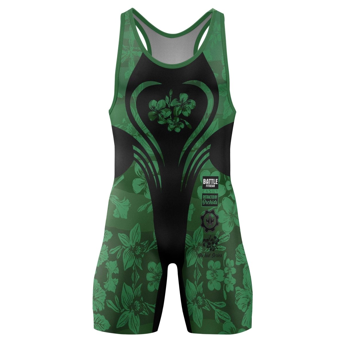 Orchid Series Floral Green Heart Pattern Wrestling Singlets - BattleFitGear
