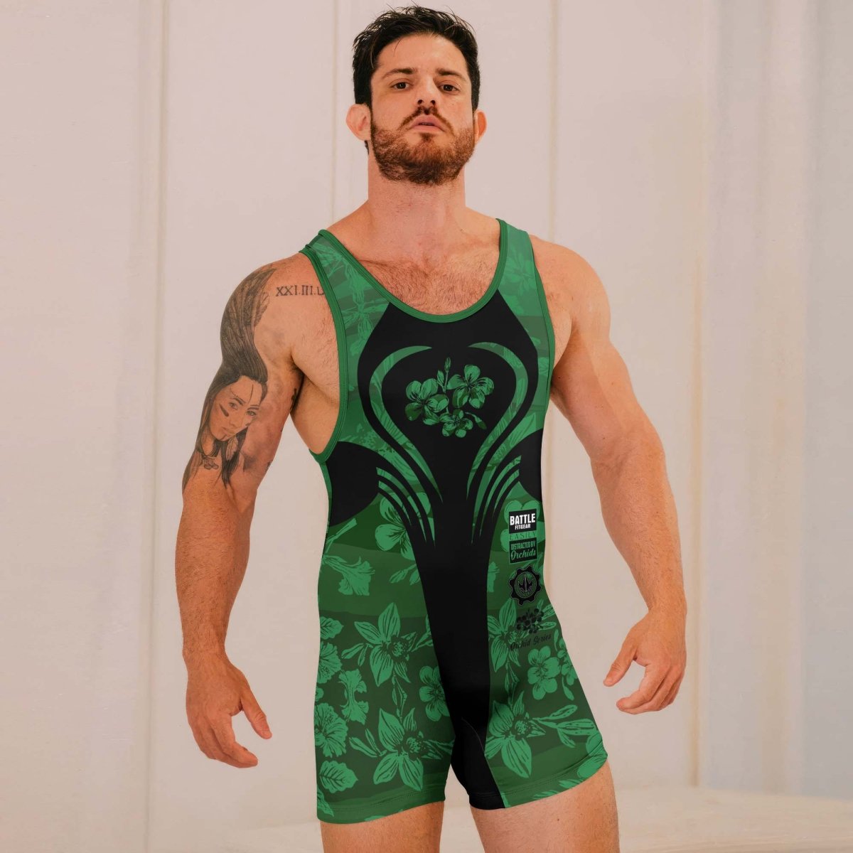 Orchid Series Floral Green Heart Pattern Wrestling Singlets - BattleFitGear
