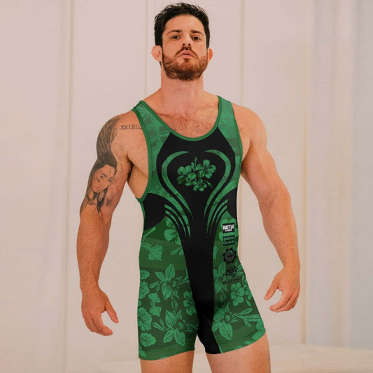 Orchid Series Floral Green Heart Pattern Wrestling Singlets - BattleFitGear