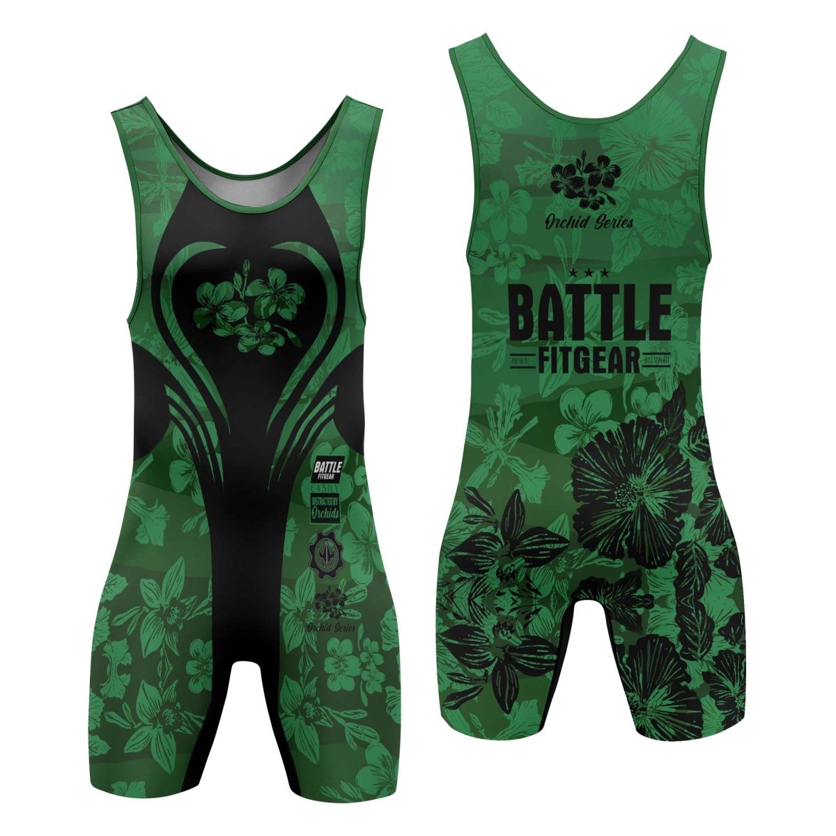 Orchid Series Floral Green Heart Pattern Wrestling Singlets - BattleFitGear