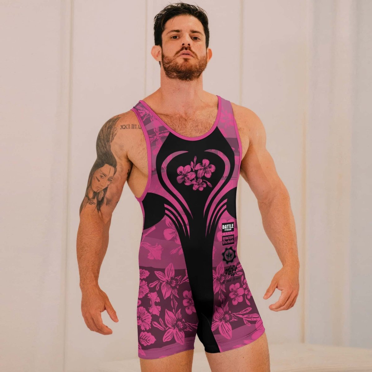 Orchid Series Floral Pink Heart Pattern Wrestling Singlets - BattleFitGear
