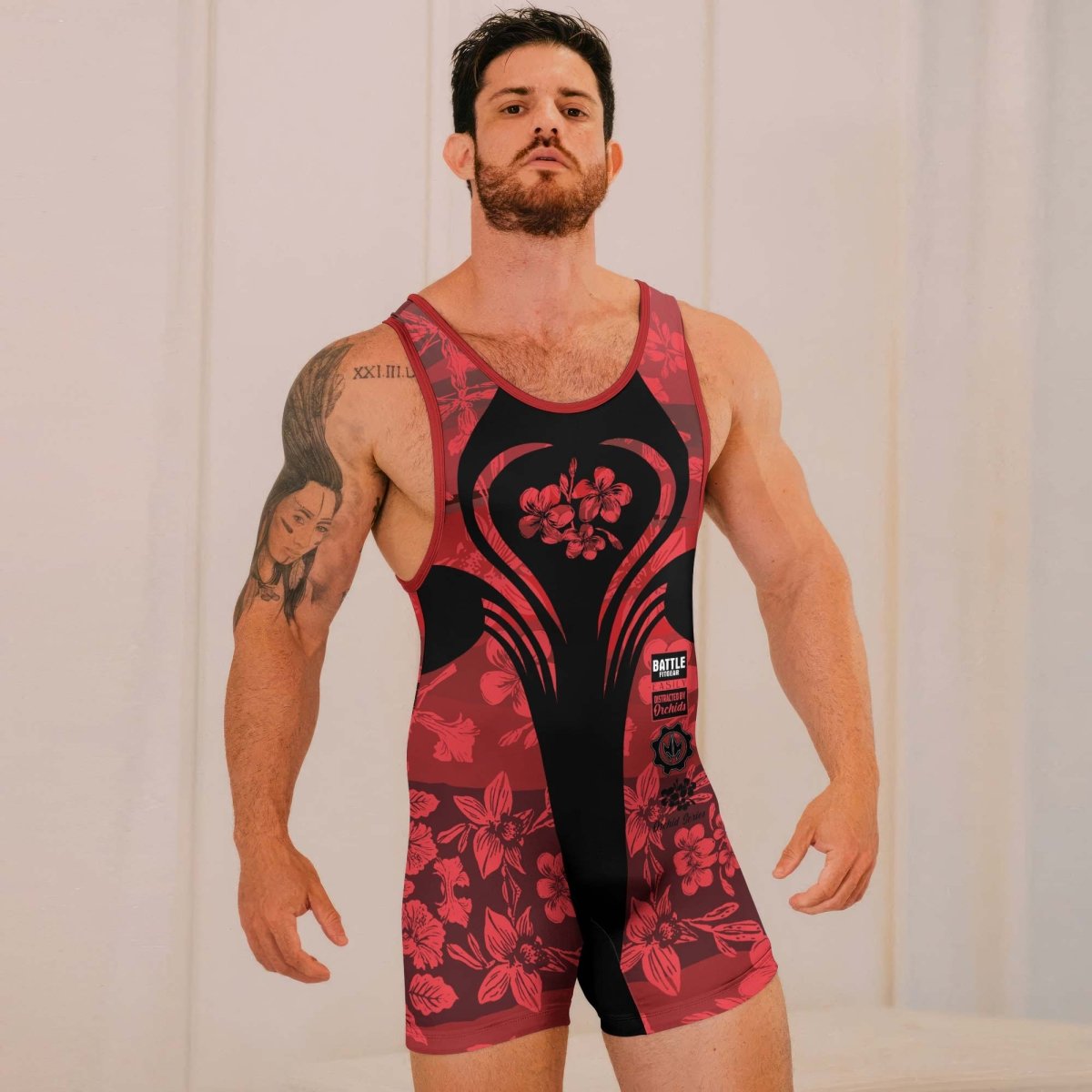 Orchid Series Floral Red Heart Pattern Wrestling Singlets - BattleFitGear