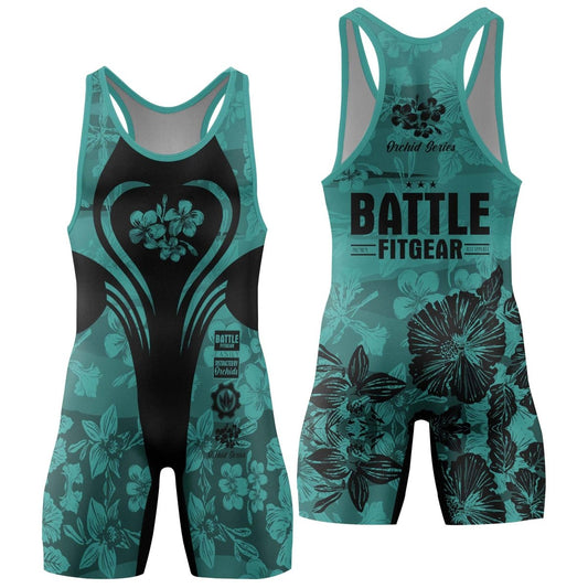 Orchid Series Floral Teal Heart Pattern Wrestling Singlets - BattleFitGear