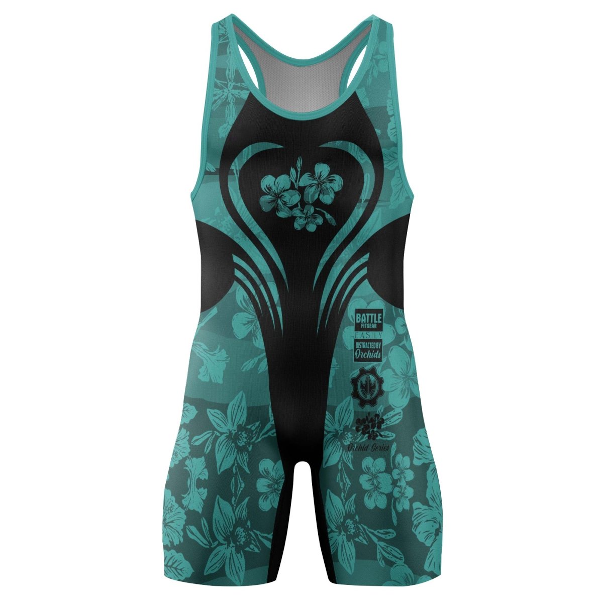 Orchid Series Floral Teal Heart Pattern Wrestling Singlets - BattleFitGear