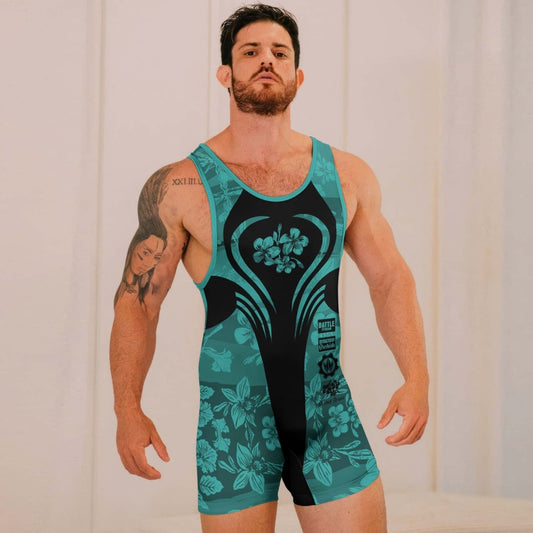 Orchid Series Floral Teal Heart Pattern Wrestling Singlets - BattleFitGear