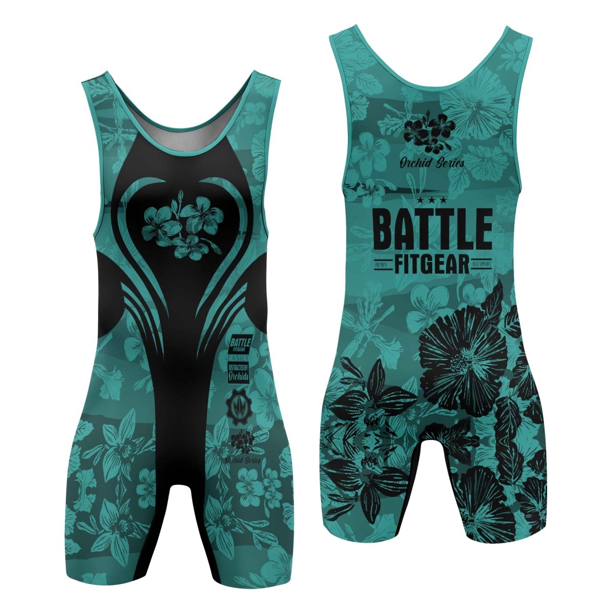 Orchid Series Floral Teal Heart Pattern Wrestling Singlets - BattleFitGear