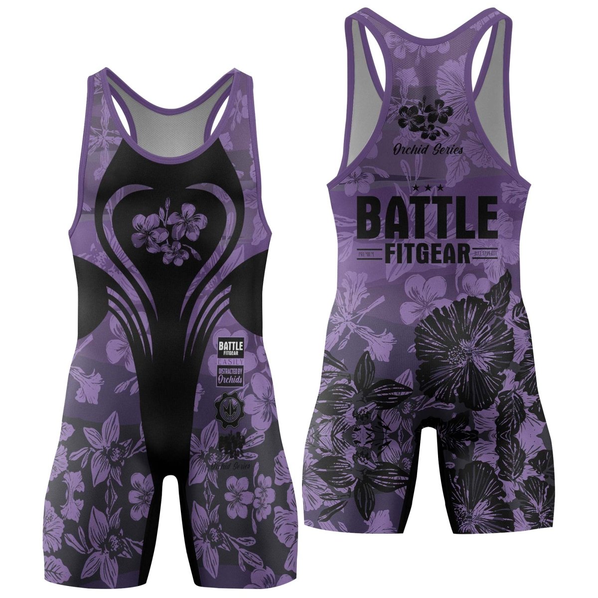 Orchid Series Floral Violet Heart Pattern Wrestling Singlets - BattleFitGear