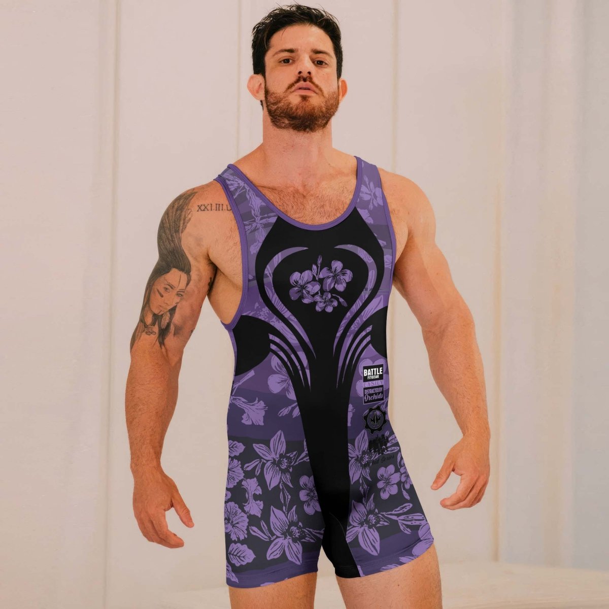 Orchid Series Floral Violet Heart Pattern Wrestling Singlets - BattleFitGear
