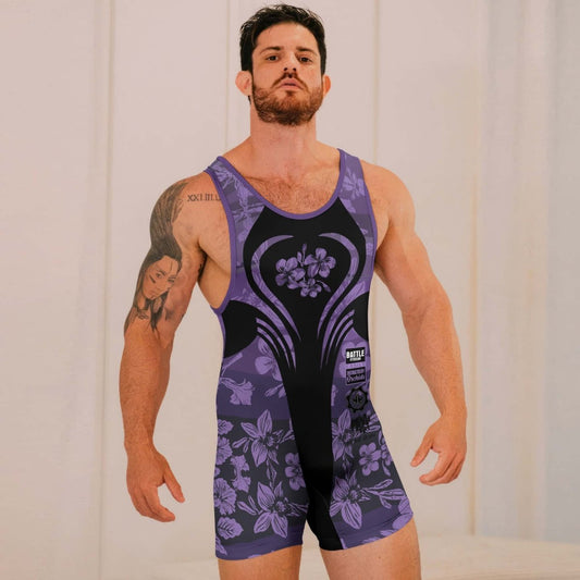 Orchid Series Floral Violet Heart Pattern Wrestling Singlets - BattleFitGear