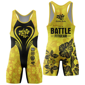 Orchid Series Floral Yellow Heart Pattern Wrestling Singlets - BattleFitGear