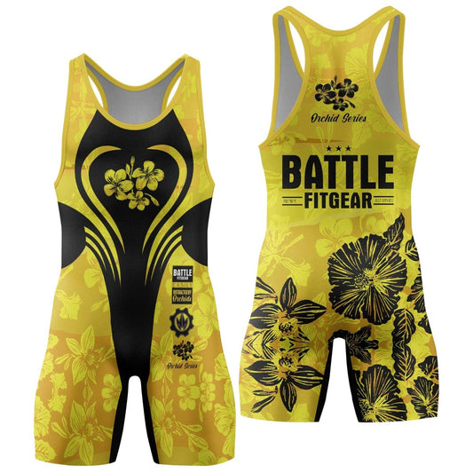 Orchid Series Floral Yellow Heart Pattern Wrestling Singlets - BattleFitGear