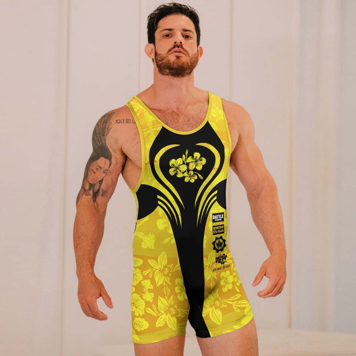 Orchid Series Floral Yellow Heart Pattern Wrestling Singlets - BattleFitGear