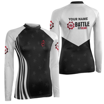 Personalized American Flag Black Women's Long Sleeve Rash Guard - BattleFitGear
