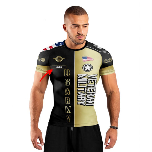 Personalized Veteran Army Football Men's Short Sleeve Rash Guard - BattleFitGear