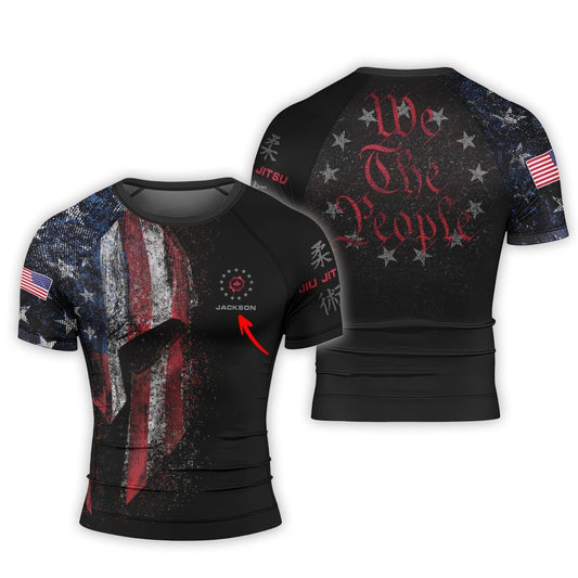 Personalized American Jiu Jitsu Grunge Men's Short Sleeve Rash Guard - BattleFitGear