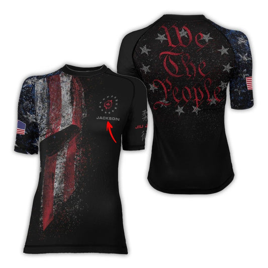 Personalized American Jiu Jitsu Grunge Women's Short Sleeve Rash Guard - BattleFitGear