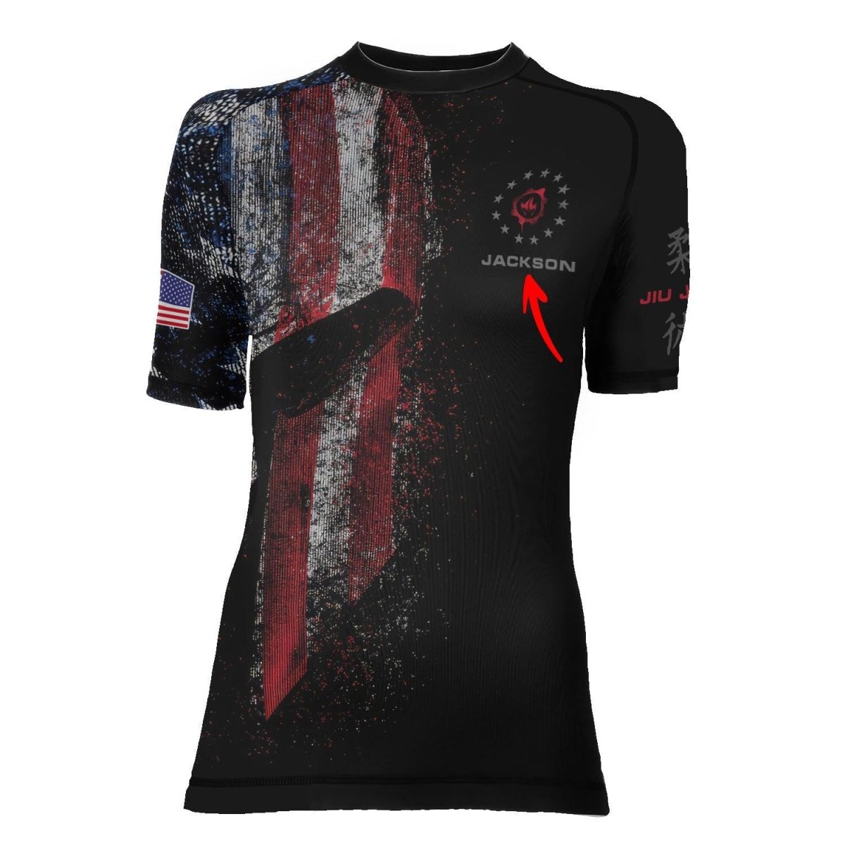 Personalized American Jiu Jitsu Grunge Women's Short Sleeve Rash Guard - BattleFitGear