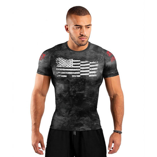 Personalized Painting American Flag Men's Short Sleeve Rash Guard - BattleFitGear