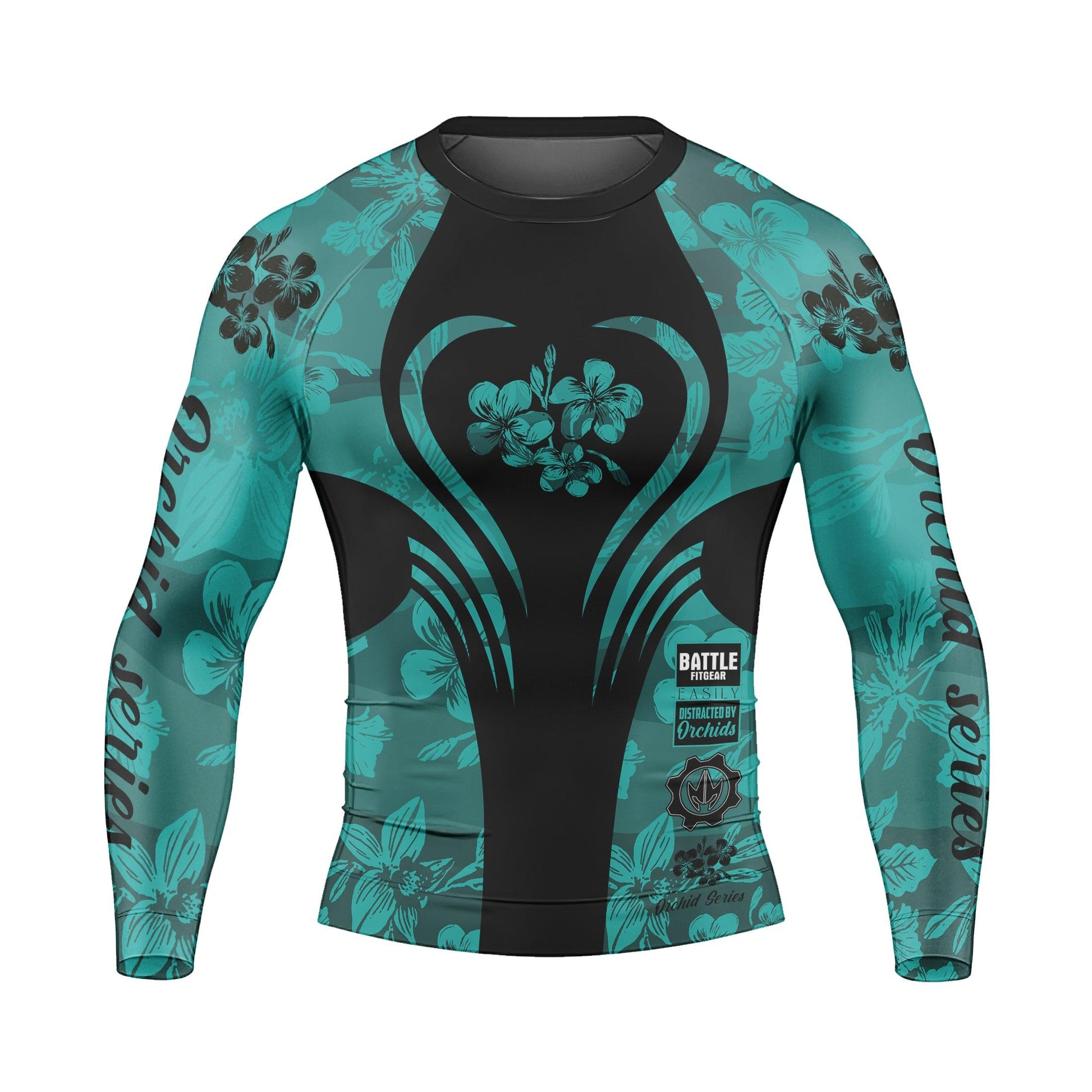 Orchid Series Teal Heart Pattern Men's Long Sleeve Rash Guard