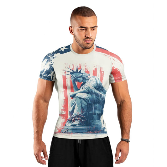 Statue of Liberty in Distress Men's Short Sleeve Rash Guard - BattleFitGear